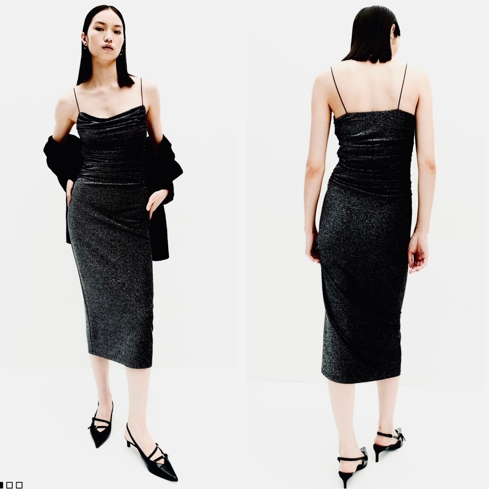 H&M Black Glittery Ruched Strappy Bodycon‎ Midi Dress Womens NEW Small